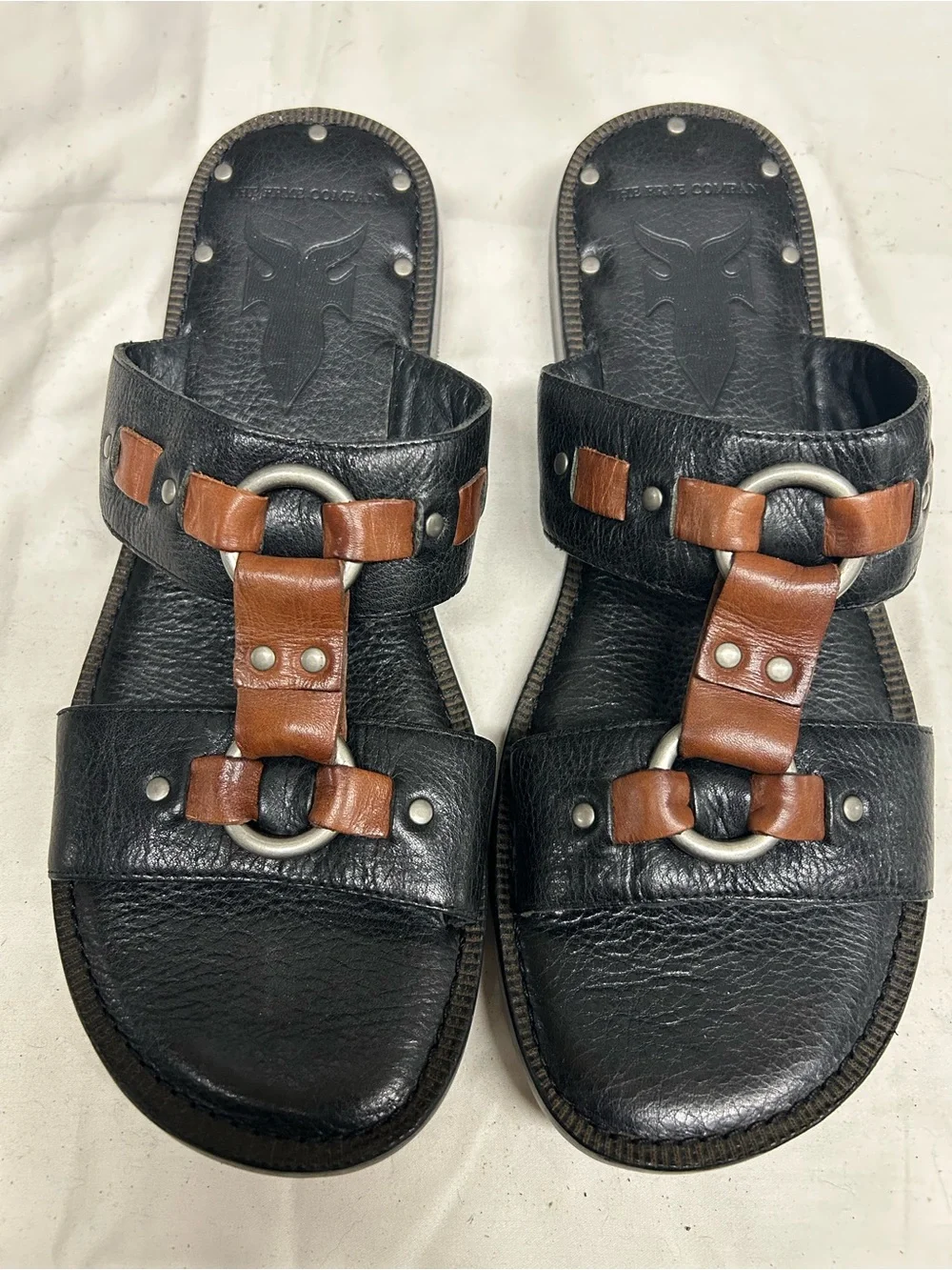 Frye Black and Brown Leather Slide Sandals with Ring Accents